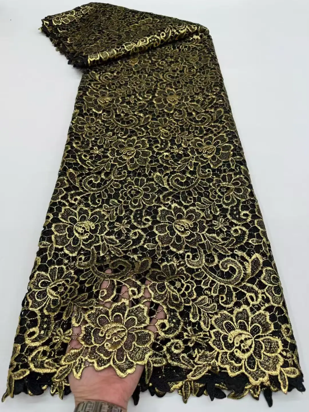 Color: Khaki, Width: 120cm, Length: 5 yards - Luxury African Cotton Cord Lace Fabric 2025 High Quality Nigerian Gilding Guipure Cord Lace Fabric Woman Wedding Sewing Material