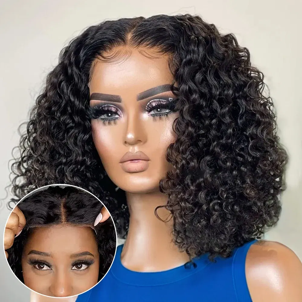 Hair Color: #1B, Ships From: United States, Stretched Length: 16inches, Density: 150% - Water Wave Bob Wig Glueless Preplucked Human Wigs Ready To Go 13x4 Frontal Brazilian Wigs HD Transparent Lace Wig Deep Curls