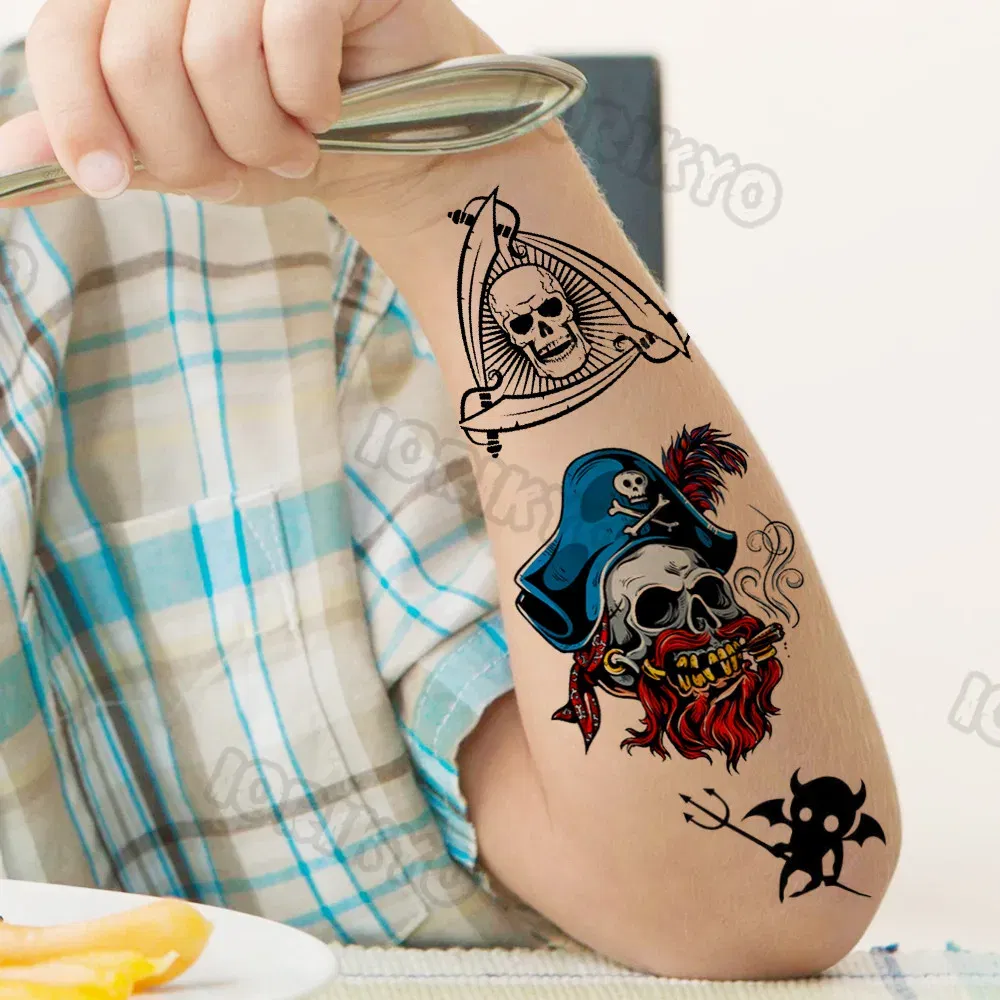 Color: DARK GRAY - Skull Temporary Tattoos For Kids Men Women Adult Face Neck Pirate Captain Tattoo Sticker Monster Fake Skeleton King Tatoos