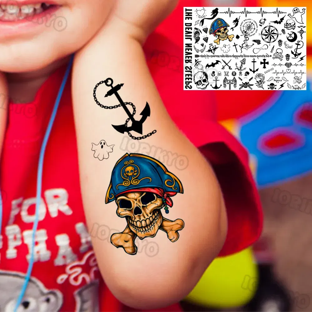 Color: DARK GRAY - Skull Temporary Tattoos For Kids Men Women Adult Face Neck Pirate Captain Tattoo Sticker Monster Fake Skeleton King Tatoos