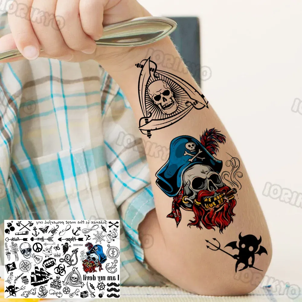 Color: DARK GRAY - Skull Temporary Tattoos For Kids Men Women Adult Face Neck Pirate Captain Tattoo Sticker Monster Fake Skeleton King Tatoos