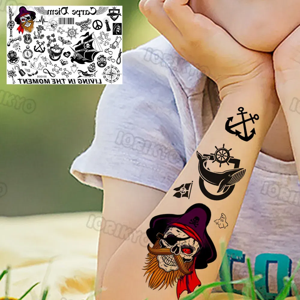 Color: DARK GRAY - Skull Temporary Tattoos For Kids Men Women Adult Face Neck Pirate Captain Tattoo Sticker Monster Fake Skeleton King Tatoos