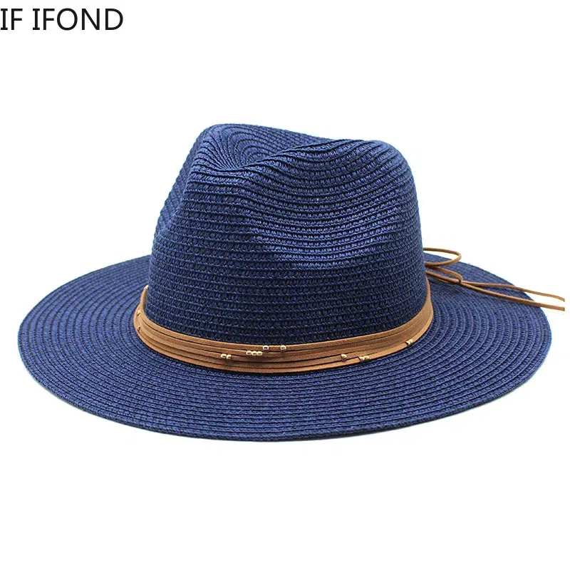 Color: Gold, Size: L - Big Size 60CM New Straw Hat 7cm Brim Summer Cooling Beach Sun Hat Outdoor Party Panama Jazz Hat Sombreros De Mujer