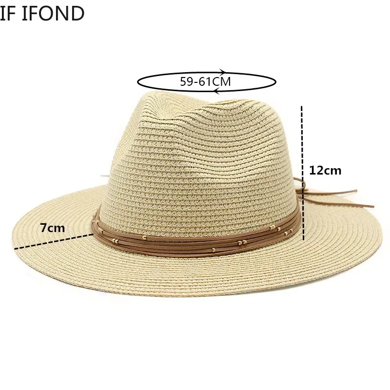 Color: Gold, Size: L - Big Size 60CM New Straw Hat 7cm Brim Summer Cooling Beach Sun Hat Outdoor Party Panama Jazz Hat Sombreros De Mujer