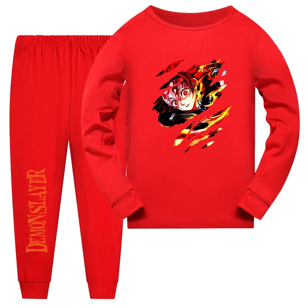 Color: Beige, Kid Size: 11 - Demon Slayer Sleepwear Kamado Tanjirou Kamado Nezuko Agatsuma Zenitsu Children's Homewear Suit Long-sleeve Two-piece Pajamas Set