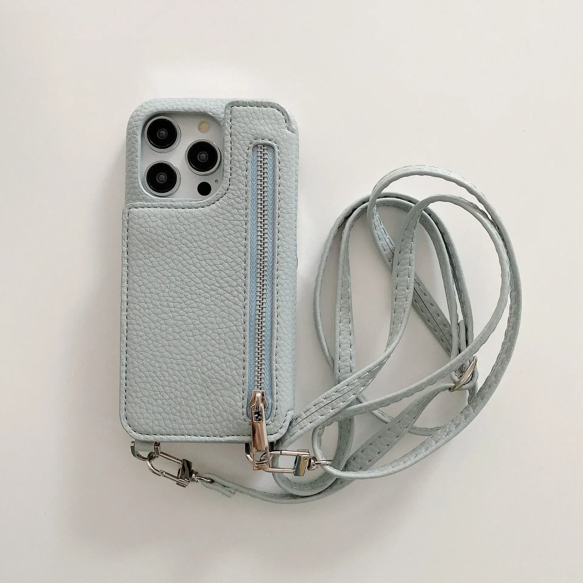 Material: Denim, Color: Blue - Zipper Wallet Makeup Mirror Crossbody Lanyard Case For iPhone 16 15 14 Pro Max 13 12 11 XR XS 7 8 Plus Card Slot Leather Cover