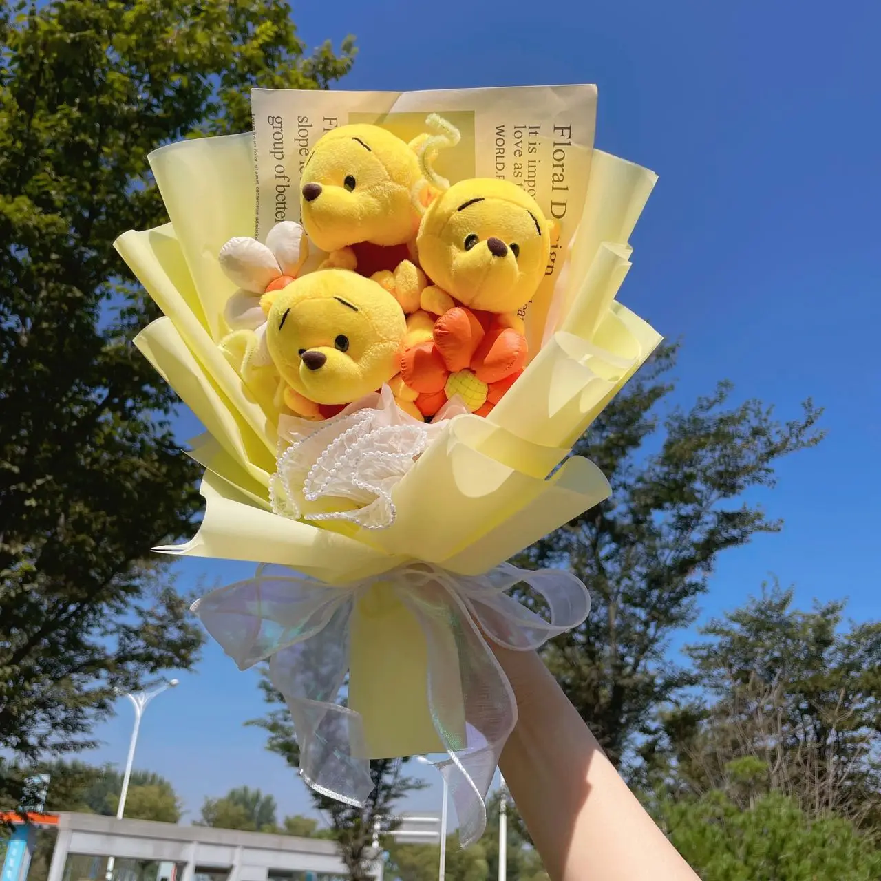 Color: DARK GRAY - Cartoon Winnie the Pooh Plush Doll Toy Handmade Flower Bouquet Wedding Valentine's Day Christmas Graduation Gifts