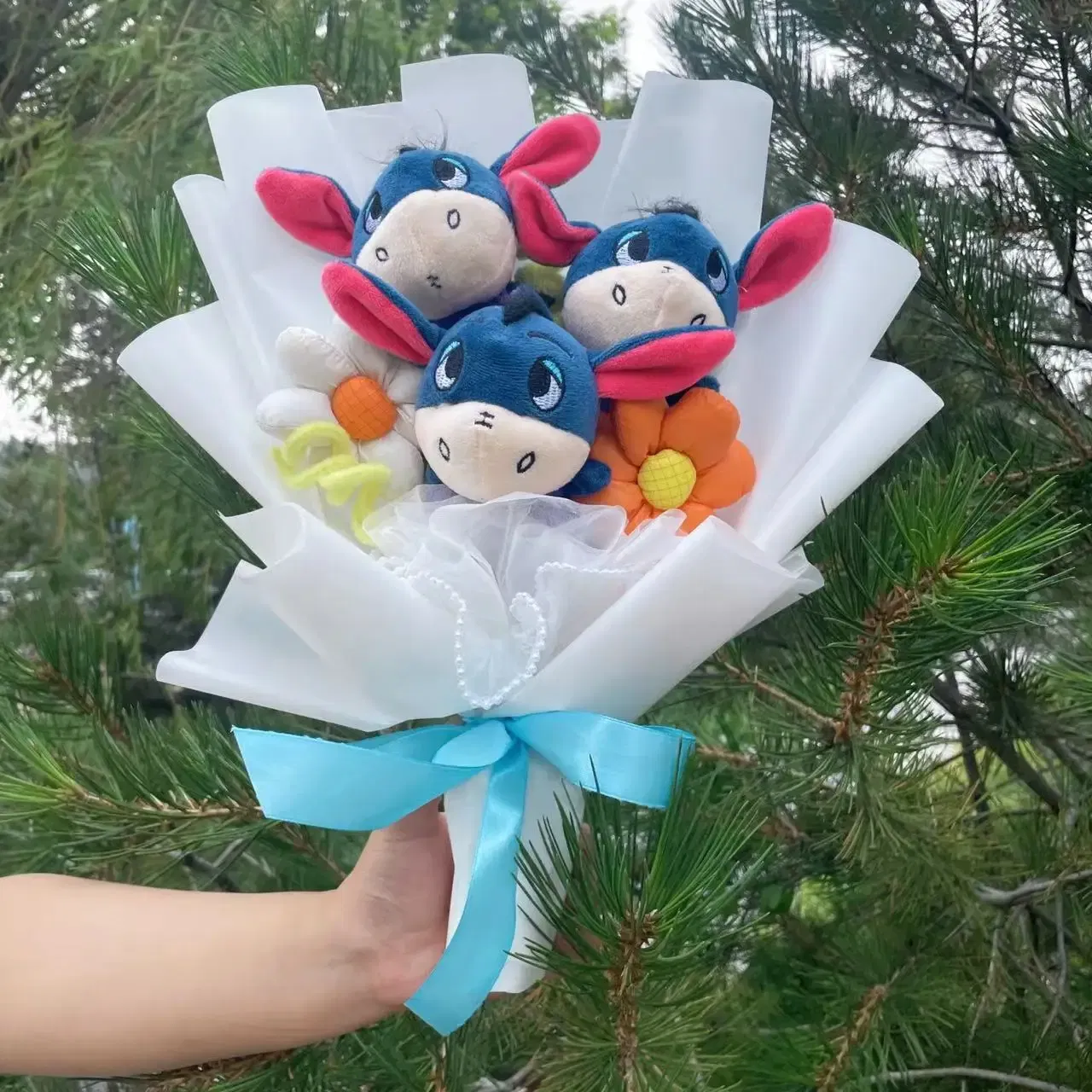 Color: DARK GRAY - Cartoon Winnie the Pooh Plush Doll Toy Handmade Flower Bouquet Wedding Valentine's Day Christmas Graduation Gifts