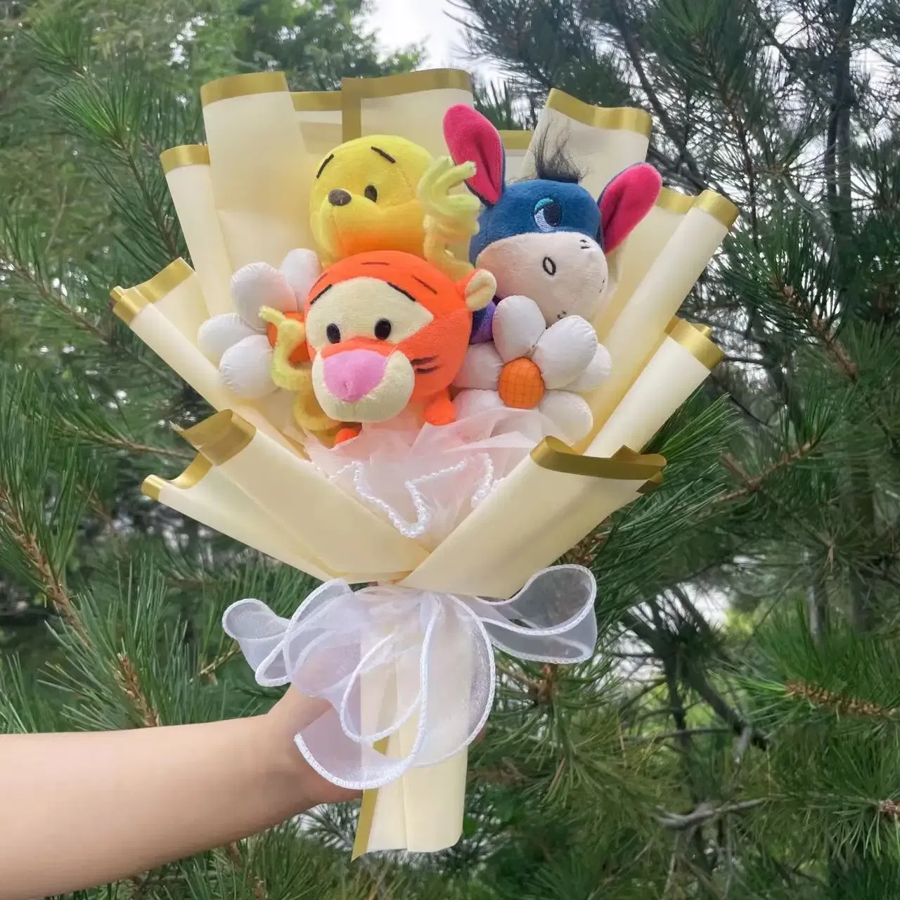 Color: DARK GRAY - Cartoon Winnie the Pooh Plush Doll Toy Handmade Flower Bouquet Wedding Valentine's Day Christmas Graduation Gifts