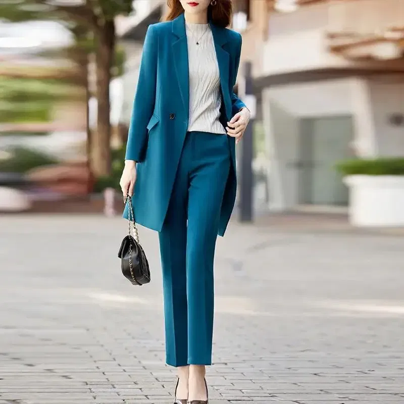 Color: Blue, Size: XXL, Ships From: CHINA - High End Office Professional Women's Blazer Pants 2-Piece Set Fall Fashion Long Female Jacket Over Business Suit Casual Trousers