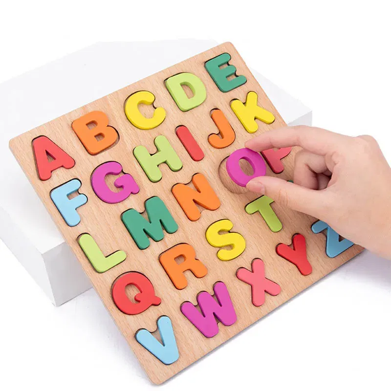 Color: Orange - Baby Wooden Puzzles Montessori Toys 1 2 Years Toddler Toys Hand Grab Board Alphabet Number Cognition Learning Educational Toys