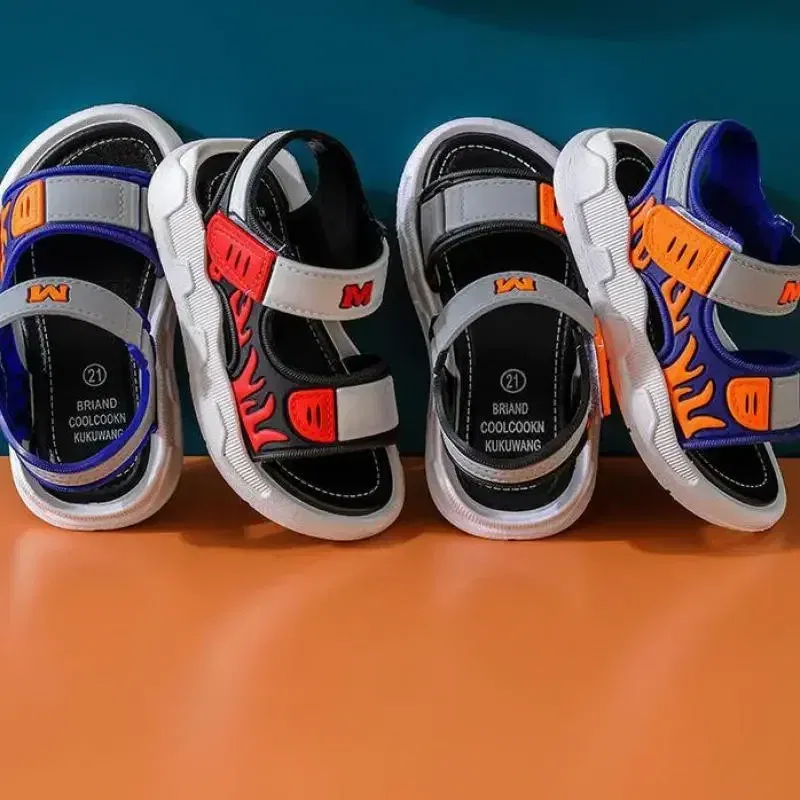 Color: black, Shoe Size: 33 - Baby Sandals Flame Pattern Boy Sandals Soft Sole Anti-slip Boys Girls Children Shoes