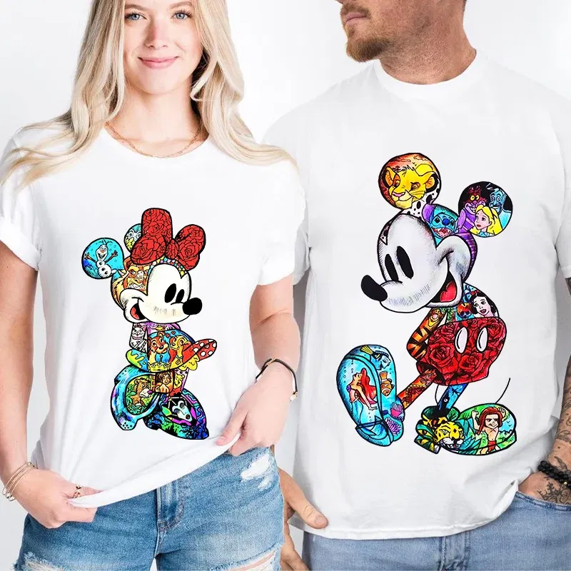 Color: Beige, Size: XXL - Disney Couples Mickey Mouse Minnie Print T-shirt Couples Men's and Women's Cotton Short Sleeve Casual Tops