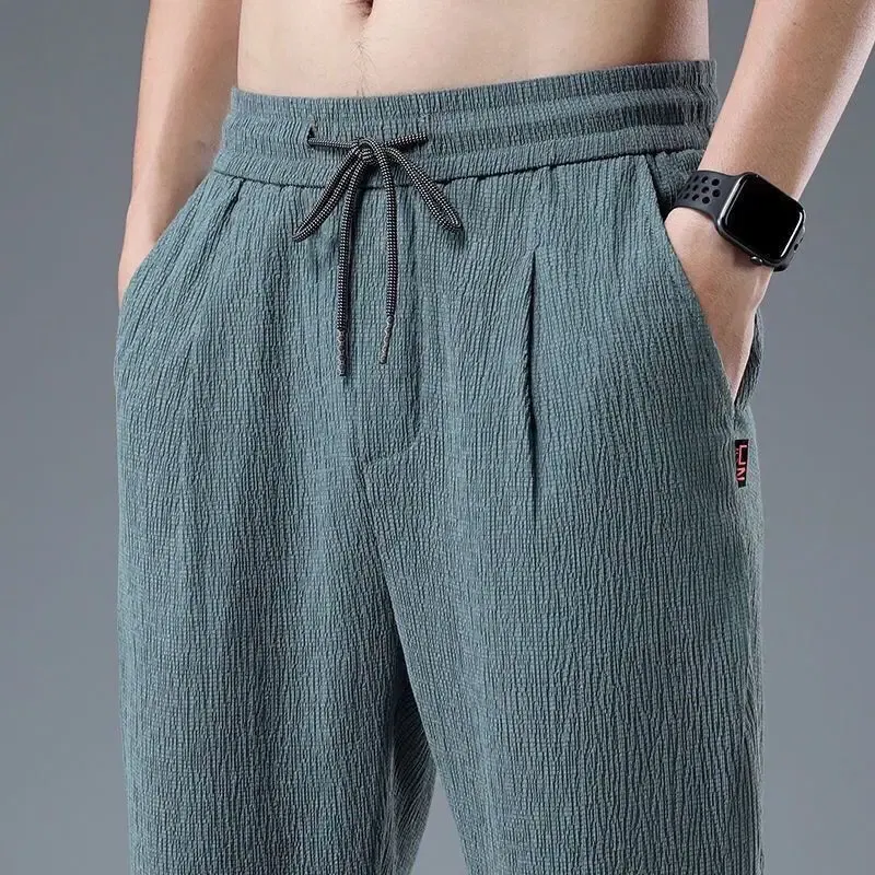 Color: GRAY, Size: XXXL - Summer Ice Silk Man Jogger Linen Pants Casual Wide Summer Sweatpants Male Spring Lightweight Halking Harem Trousers