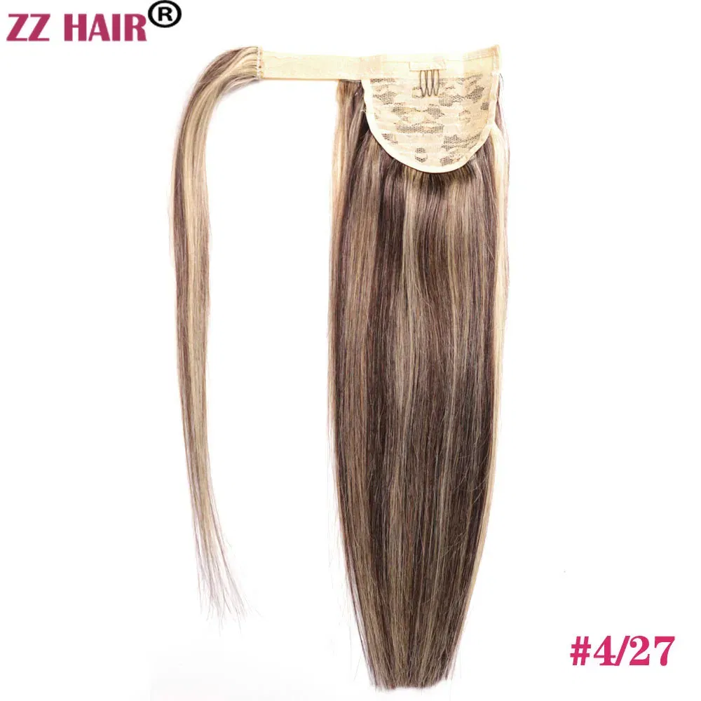 Color: P4/27, Life Span: 6 Months With Proper Care, Stretched Length: 22INCHES, Longest Hair Proportion: 35%-45% - ZZHAIR 100% Human Hair Extensions 16"-28" Machine Made Remy Magic Wrap Around Ponytail 60g-120g Clip In Horsetail Stragiht
