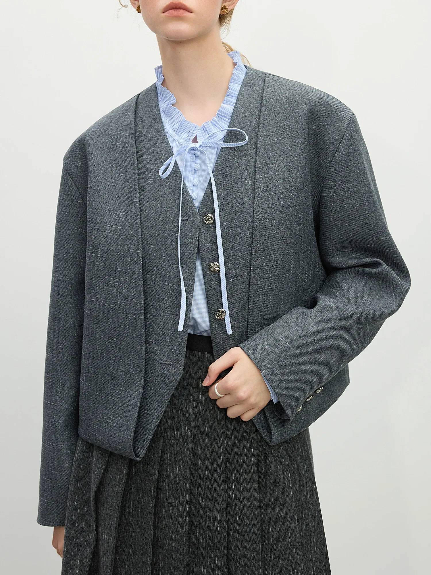Color: Dark Grey, Size: S - FSLE Exquisite Minimalist Style Fake Two-piece V-neck Suit Short Jacket For Women Spring 2025 New Commuting Chic Top 25FS11194