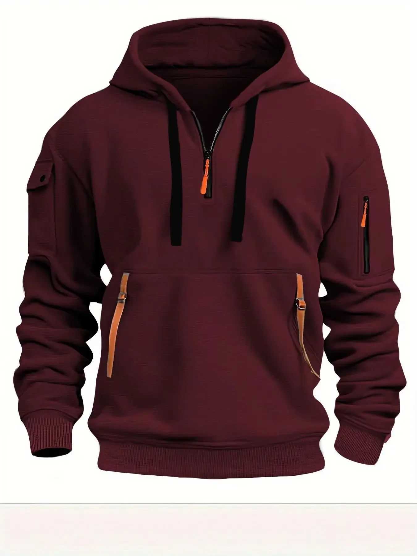 Color: Burgundy, Size: L, Sale by Pack: Pack of 1, Ships From: CHINA - New hoodie men zipper multi pocket hoodie Spring  Winter Fleece Warm Sweatshirt Fashion Streetwear Sports Hoody Solid Pullover