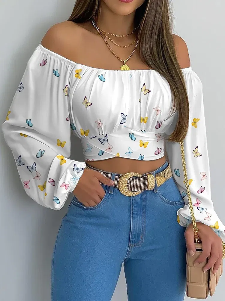 Color: Beige, Size: M - Women Sexy Off Shoulder Blouse Chic and Elegant Printing Lantern Long Sleeve Lace Up Bow Cropped Tops Casual Slim Shirts 2024