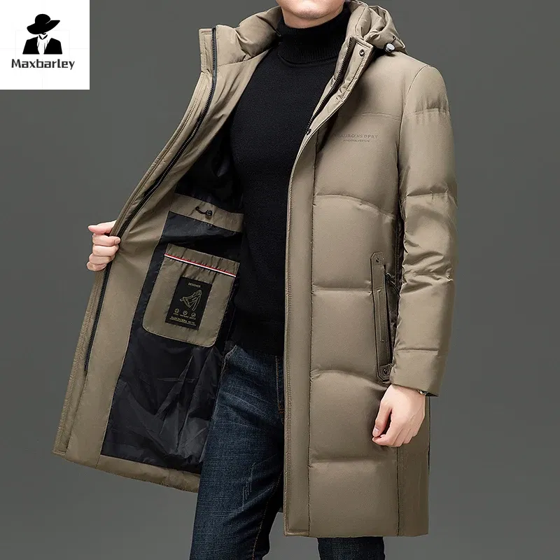 Color: Khaki, Size: L - 2024 New Men's Winter Down Jacket Long Knee-length Thickened Warm Duck Down Parka High-end Hooded Detachable Extremely Cold Coat