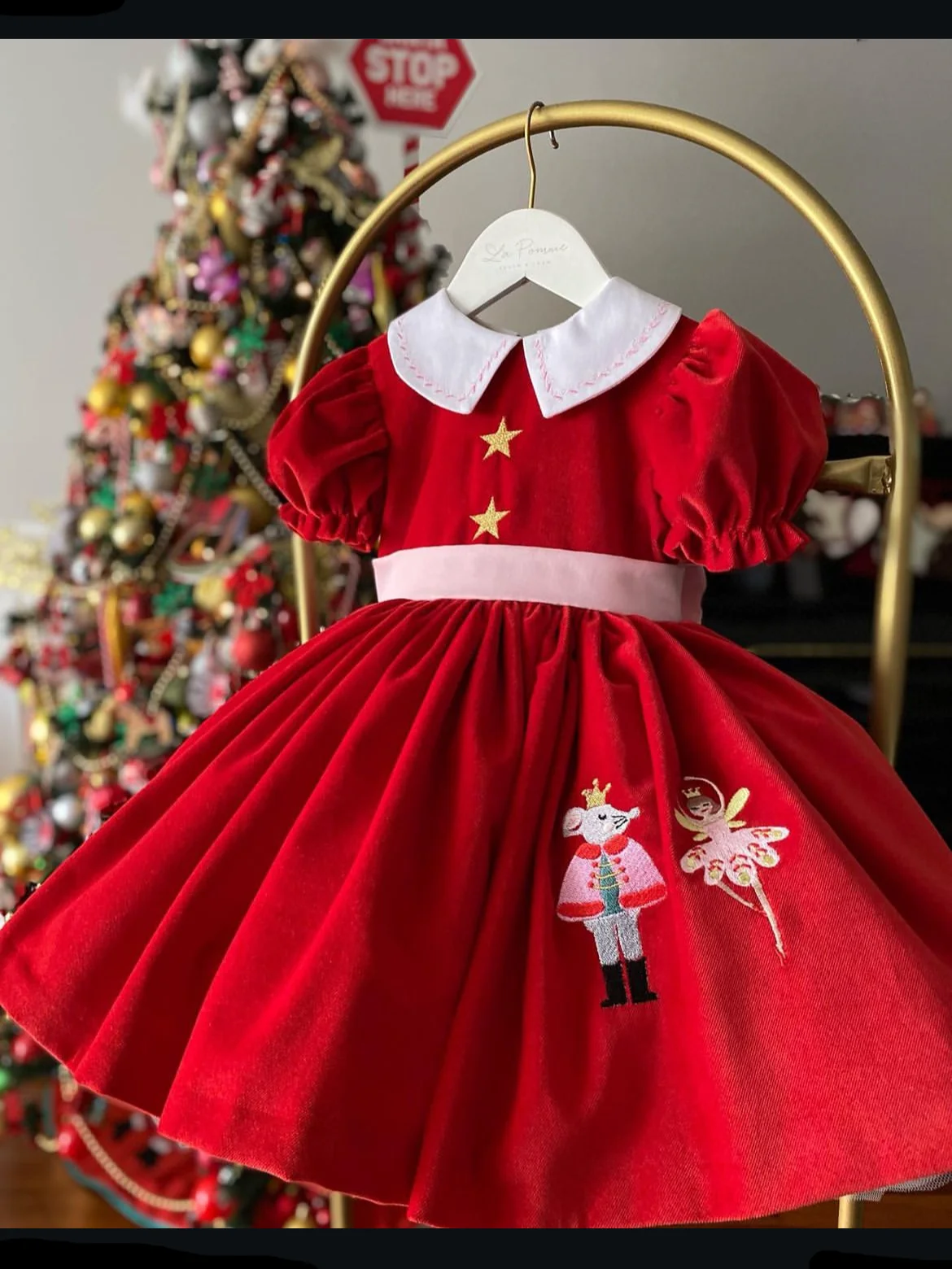 Color: Beige, Kid Size: 4T - 0-12Y Baby Girl Red Vevet Star Mouse Spirit Embroidery Turkish Vintage Princess Dress for Birthday Chrismats Party Photography