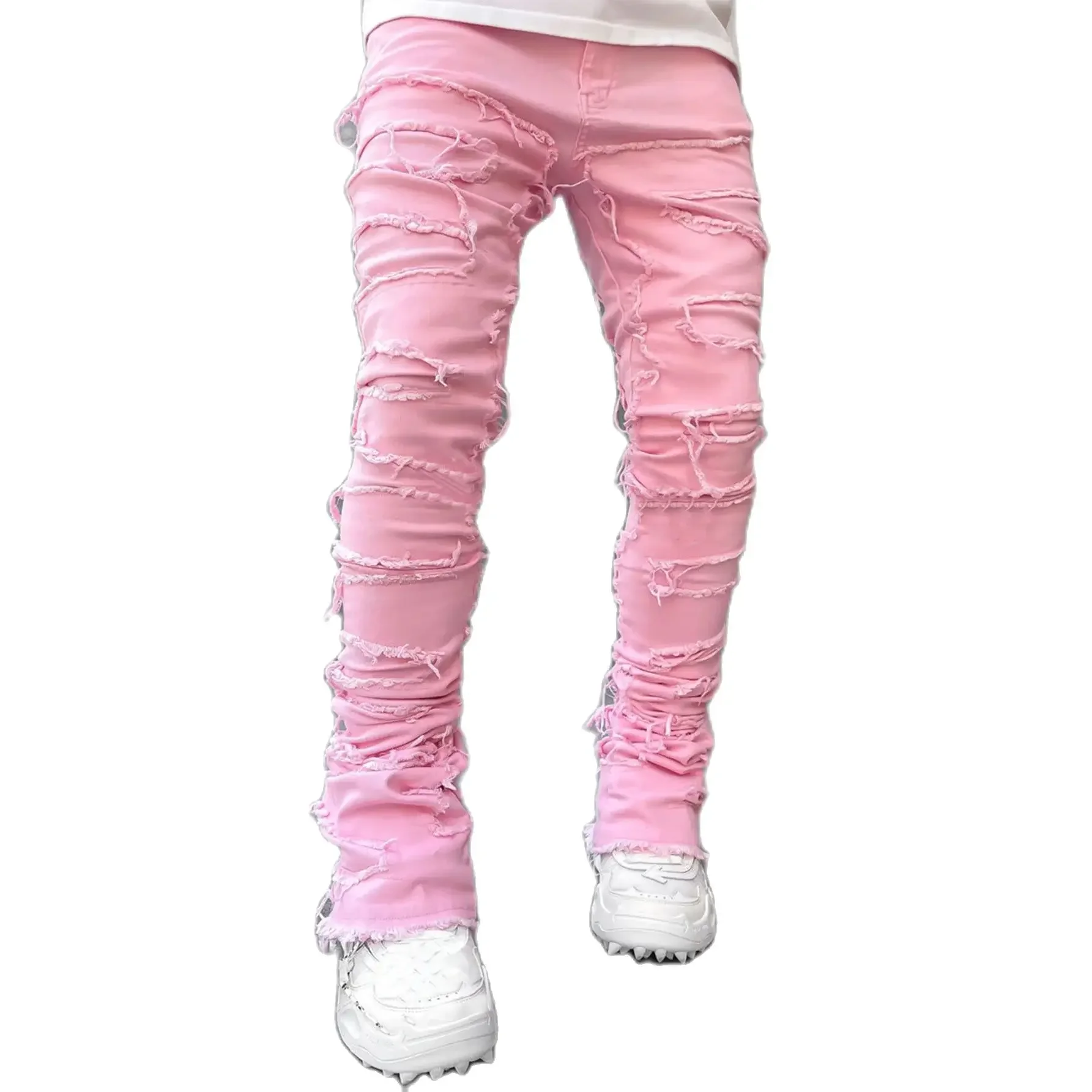 Color: Gold, Size: L - Men's Regular Fit Stacked Jeans Ripped Slim Fit Patch Distressed Destroyed Straight Denim Pants Hip Hop Streetwear Trouser Cloth