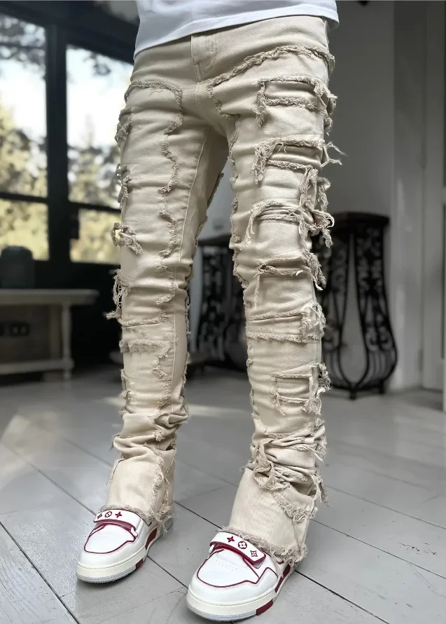 Color: Gold, Size: L - Men's Regular Fit Stacked Jeans Ripped Slim Fit Patch Distressed Destroyed Straight Denim Pants Hip Hop Streetwear Trouser Cloth