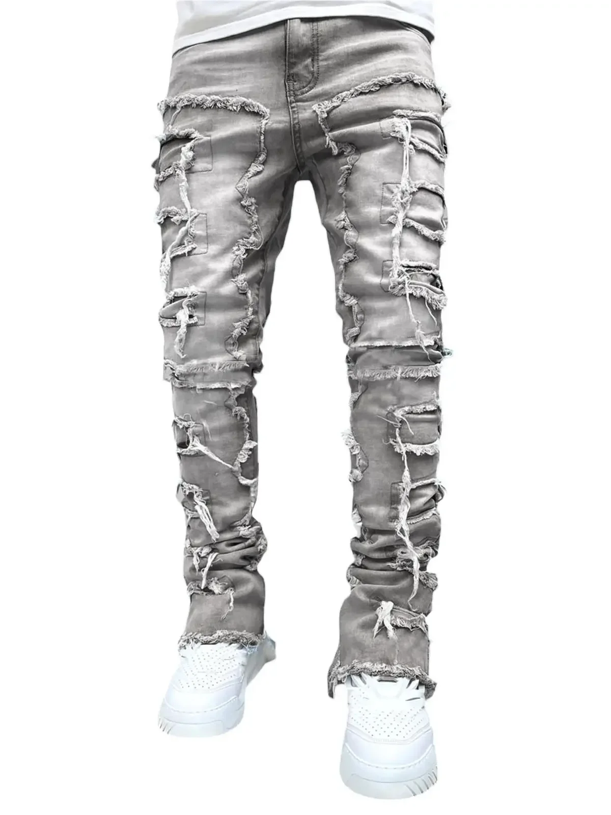 Color: Gold, Size: L - Men's Regular Fit Stacked Jeans Ripped Slim Fit Patch Distressed Destroyed Straight Denim Pants Hip Hop Streetwear Trouser Cloth