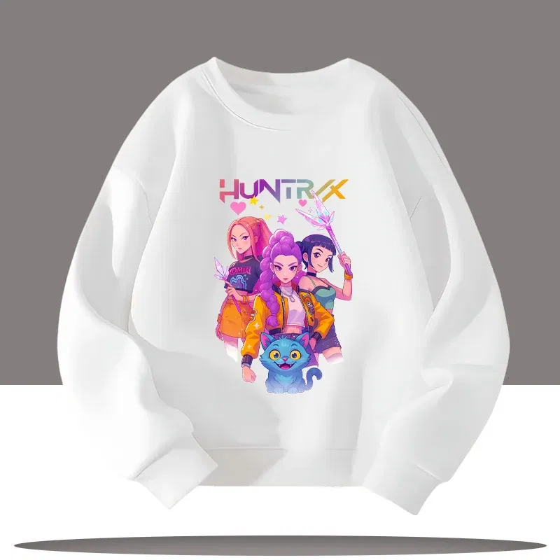 Color: Dark Grey, Kid Size: 6 - K-pop Demon Hunters Cartoon Print 3-12 Year Old New Style Kids Round-neck Sport Shirt Cute Girl Casual Top Children's Clothing