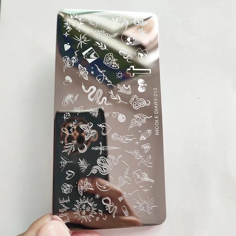 Color: Beige - Cute Cartoon Animal Nail Stamping Plates Cartoon Cat Mermaid Girl Gragon Brand Image Stainless Steel Stencil Nail Art Template