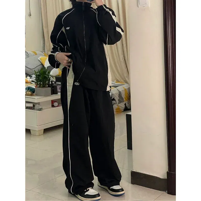 Color: black, Size: M - Women Spring Retro Solid Loose Drawstring Trousers Casual Joggers Baggy Wide Leg Sweatpants Mid Waist Sporty Y2k Female Clothes