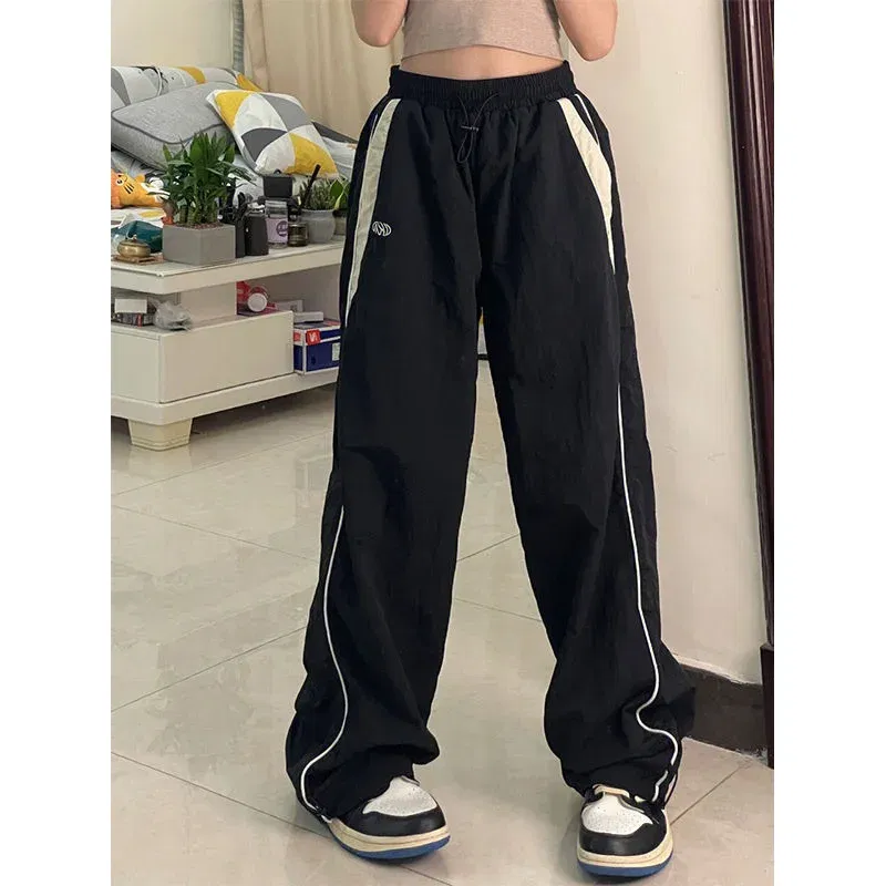 Color: black, Size: M - Women Spring Retro Solid Loose Drawstring Trousers Casual Joggers Baggy Wide Leg Sweatpants Mid Waist Sporty Y2k Female Clothes
