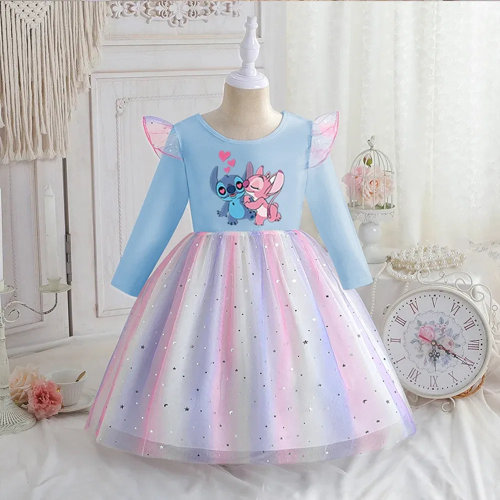 Color: Gold, Kid Size: 4T - Stitch Princess Dress Autumn New Disney Baby Girls Dress Spring Autumn Long-sleeved For Children Kids Clothes Birthday Party
