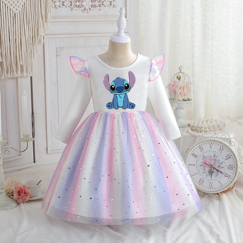 Color: Gold, Kid Size: 4T - Stitch Princess Dress Autumn New Disney Baby Girls Dress Spring Autumn Long-sleeved For Children Kids Clothes Birthday Party