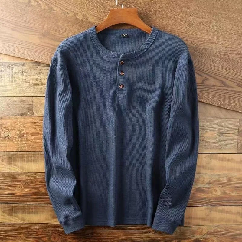 Color: Navy Blue, Size: XL, Ships From: CHINA - Slim Fit Mens Basic Tee Casual Tshirts Henley Waffle Long Sleeve Shirts Thermal Solid Half Button Breathable 100% Cotton Shirts