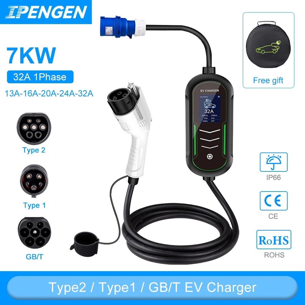 Color: black - IPENGEN Portable EV Charger 220V 7KW J1772 Type1 IEC62196 Type2 GBT Charger 32A Adjustable Current Charger for Electric Car