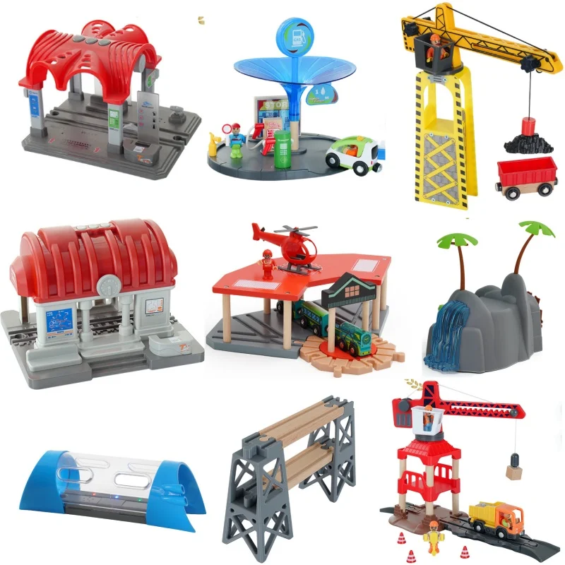 Color: DARK GRAY - Wooden Train Tracks Railway Toys Set Parking lot apron fire station gas station rotary crane Overpass Model for Kids Toys Gifts