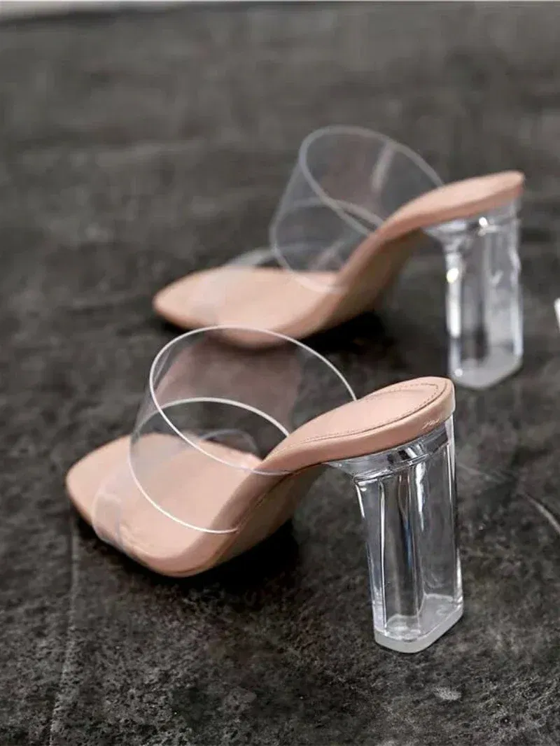 Color: Beige, Shoe Size: 41 - Summer Women Pumps Sandals PVC Jelly Slippers Open Toe High Heels Women Transparent Perspex Slippers Shoes Heel Clear Sandals
