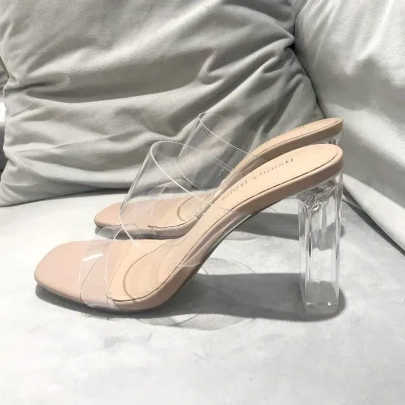 Color: Beige, Shoe Size: 41 - Summer Women Pumps Sandals PVC Jelly Slippers Open Toe High Heels Women Transparent Perspex Slippers Shoes Heel Clear Sandals