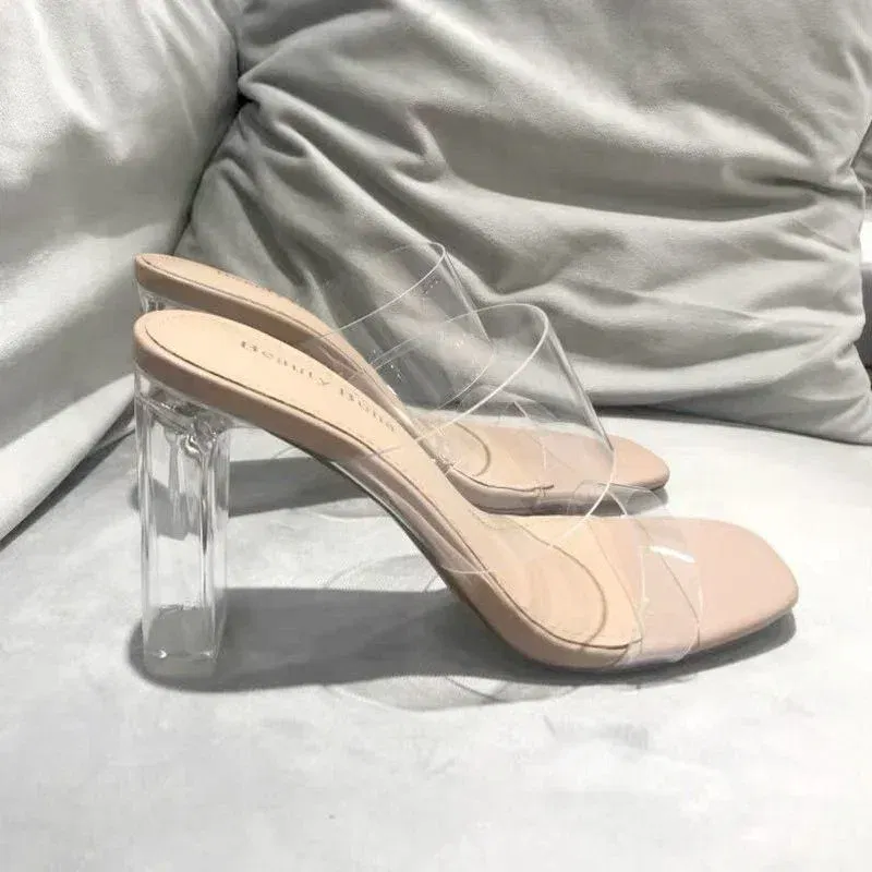 Color: Beige, Shoe Size: 41 - Summer Women Pumps Sandals PVC Jelly Slippers Open Toe High Heels Women Transparent Perspex Slippers Shoes Heel Clear Sandals