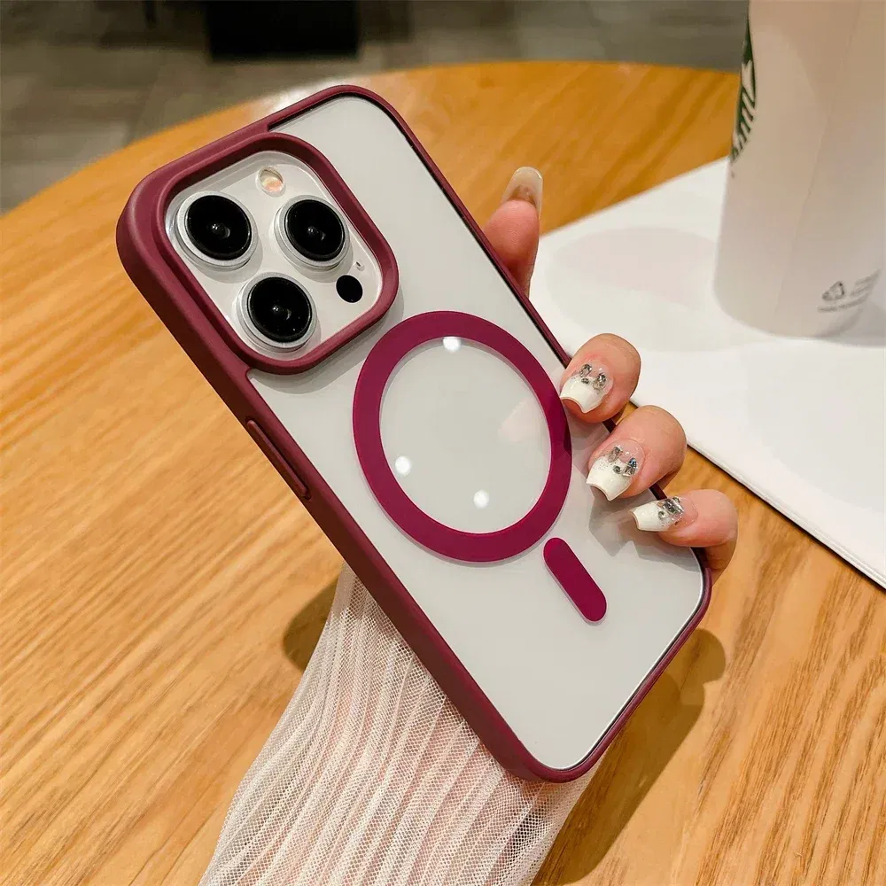 Color: Claret, Material: PC - Luxury Shockproof Magsafe Wireless Charge Case for iPhone 17 Air 16 15 14 Plus 13 12 Mini 11 Pro Max Clear Magnetic Bumper Cover