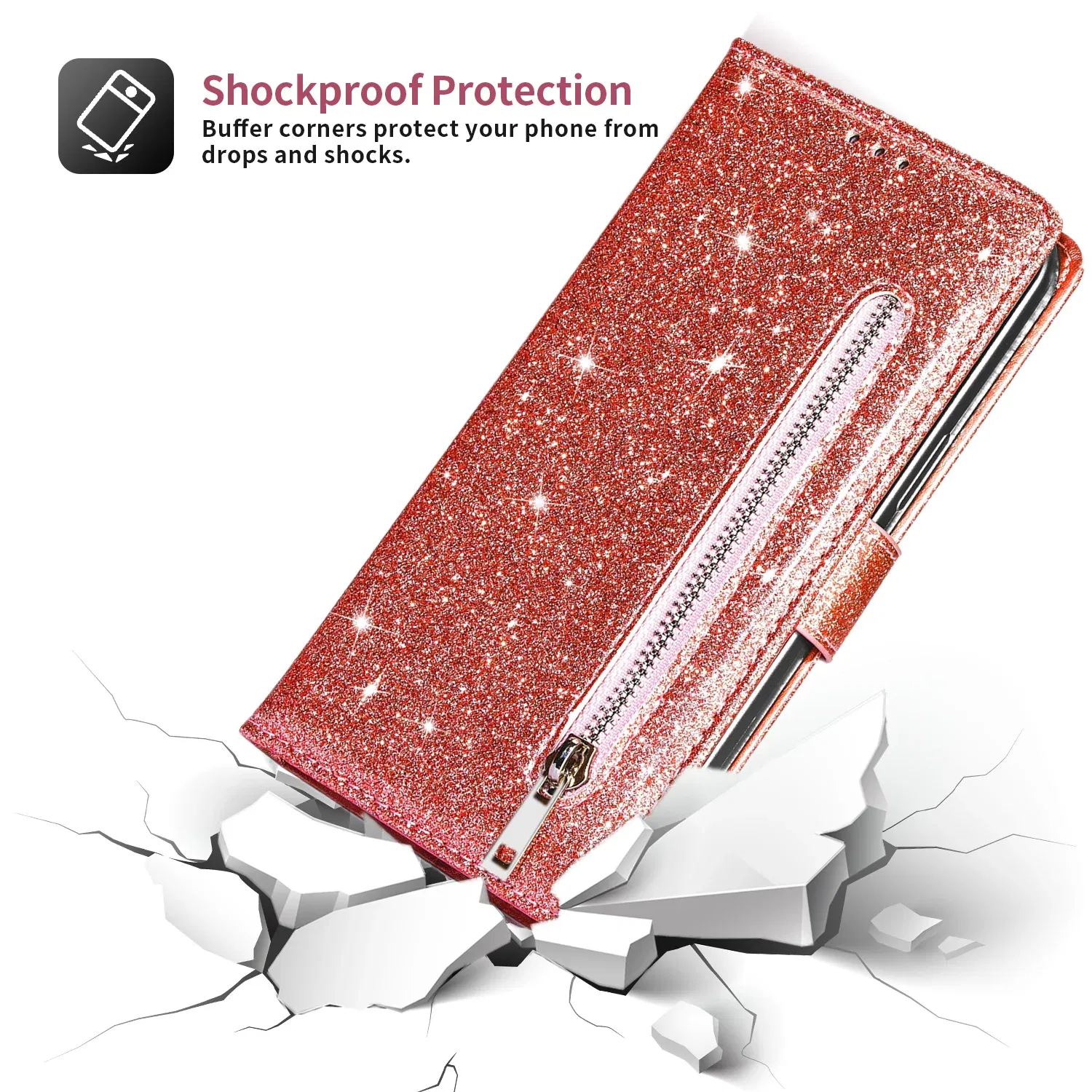 Color: Silver, Material: Plastic - Zipper Flip Wallet Glitter Leather Case for iPhone 16 15 14 13 12 11 Pro Max XS XR 8 7 Plus SE 2022 Mini Bling Stand Phone Cover