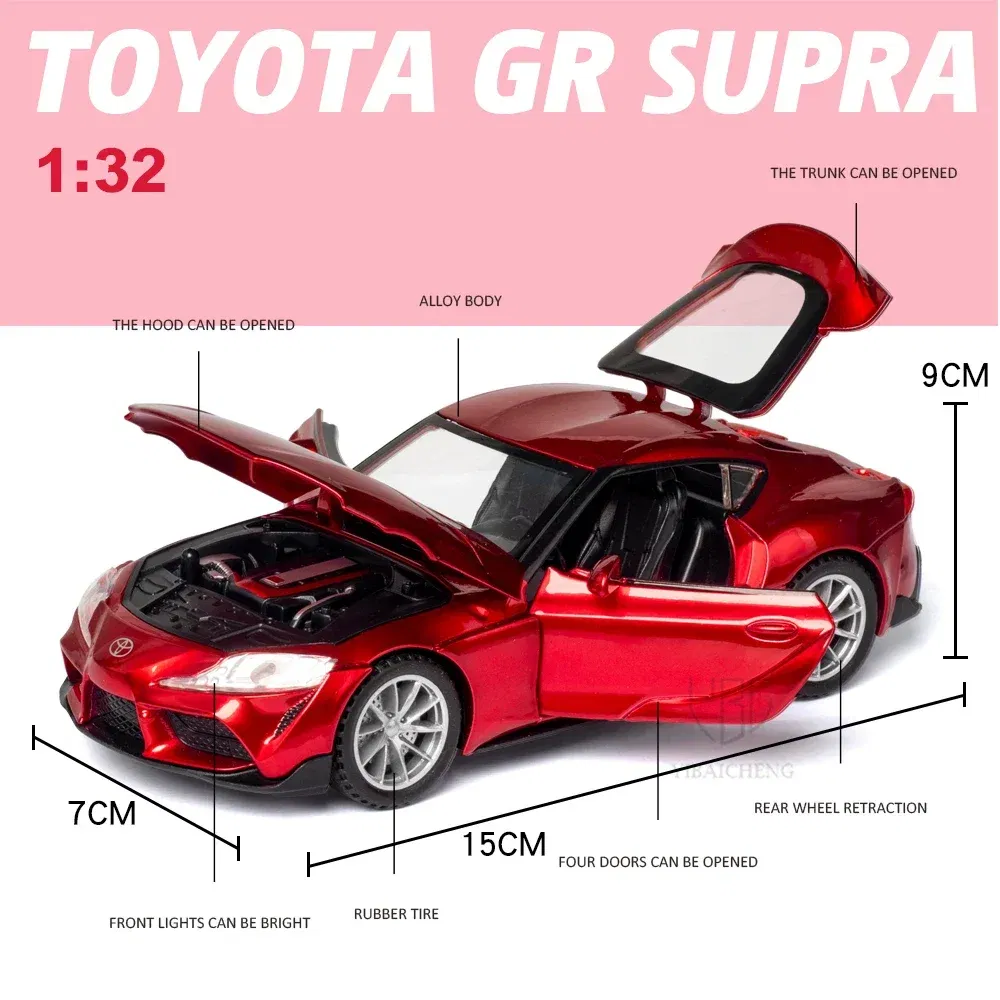 Color: green - 1:32 Toyota GR SUPRA Diecast Alloy Car Model High Simulation Metal Toy With Sound Light Pull Back For Kid Children Collection