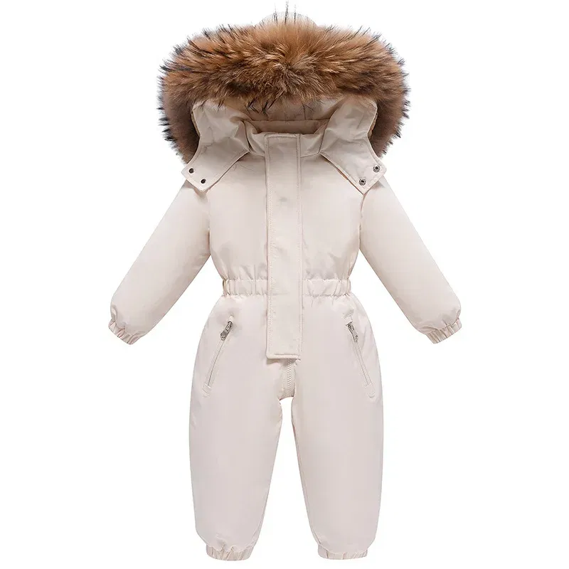 Color: Beige, Kid Size: 6M - 2024 New Cute Simple Children's One-piece Down Jacket 1-6 Years Old Outdoor Skiwear Jacket Crawling Suit Boys Girls Onesie