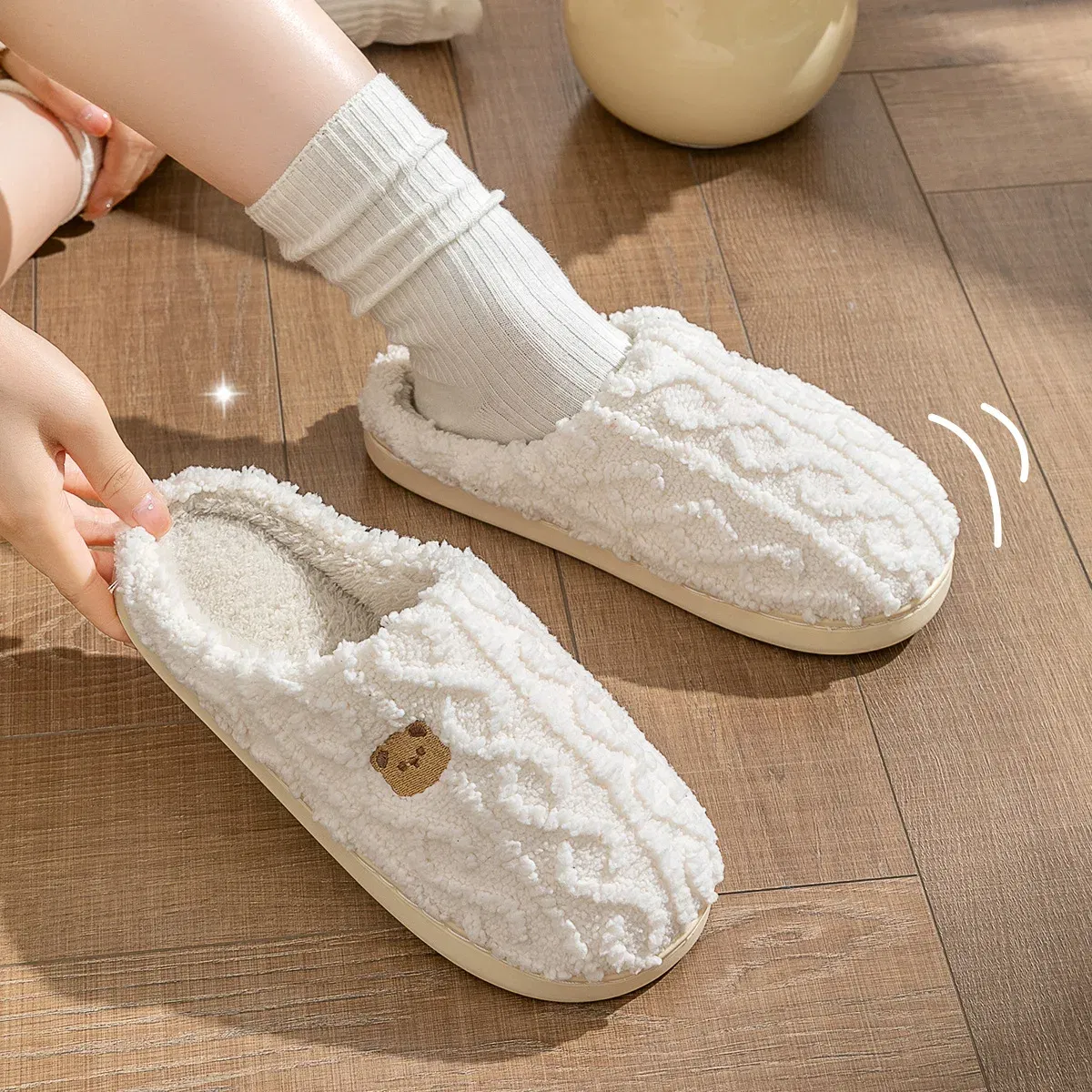 Color: Straw, Shoe Size: 40-41, Ships From: CHINA - Asgard Women Winter Fur Slippers Indoor Fluffy Couple Bedroom Flat Slides Cute Bear Women Fuzzy House Slippers Warm Cotton Shoes