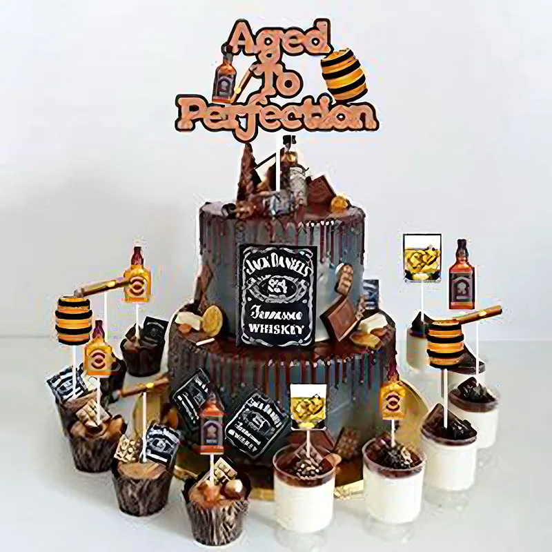 Color: Dark Khaki - Whiskey Party Decorations Aged to Perfection Birthday Party Supplies Whiskey Birthday Banner Garland Whiskey Cake Topper