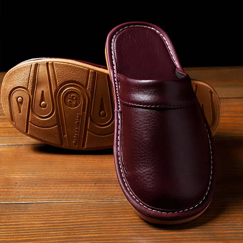 Color: PURPLE, Shoe Size: 5 - Mens Bedroom Leather Slippers Unisex Black Home Shoes Big Size 47 48 Man's Slippers Indoor Comfy Males Slides Family Flats Shoes