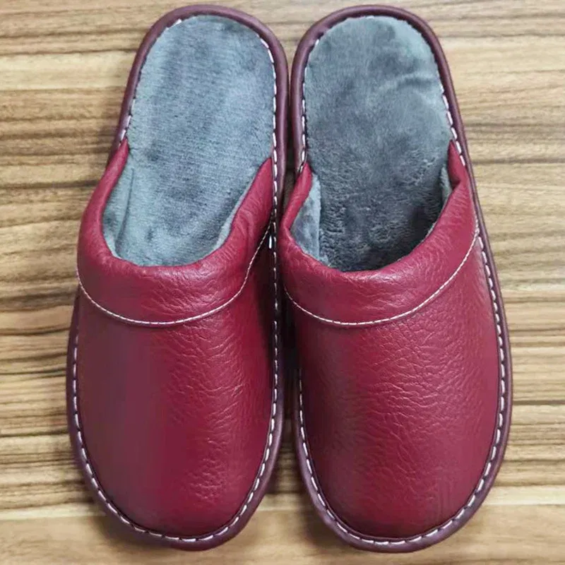 Color: PURPLE, Shoe Size: 5 - Mens Bedroom Leather Slippers Unisex Black Home Shoes Big Size 47 48 Man's Slippers Indoor Comfy Males Slides Family Flats Shoes