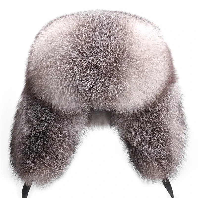 Color: PURPLE, Hat Size: 54 - 2025 Winter 100% Real Silver Fox Fur Bomber Hat Raccoon Fur Ushanka Cap Trapper Russian Men's Ski Hats Caps