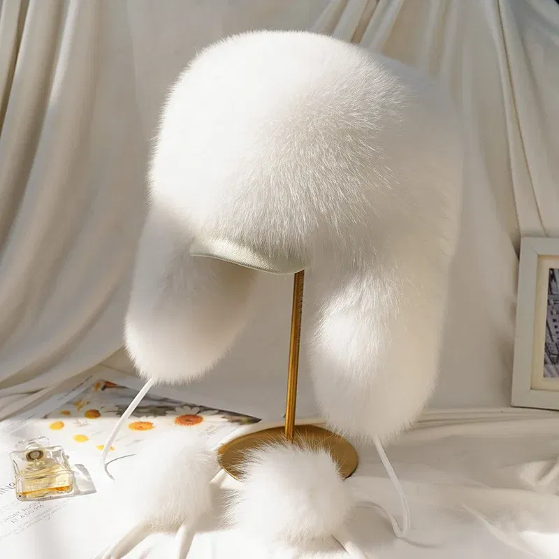 Color: PURPLE, Hat Size: 54 - 2025 Winter 100% Real Silver Fox Fur Bomber Hat Raccoon Fur Ushanka Cap Trapper Russian Men's Ski Hats Caps