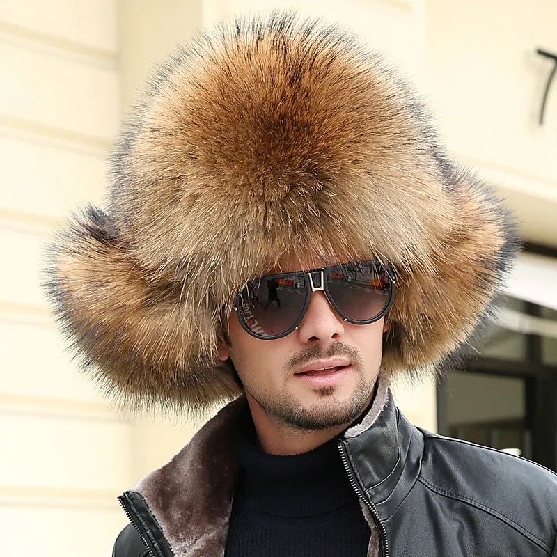 Color: PURPLE, Hat Size: 54 - 2025 Winter 100% Real Silver Fox Fur Bomber Hat Raccoon Fur Ushanka Cap Trapper Russian Men's Ski Hats Caps
